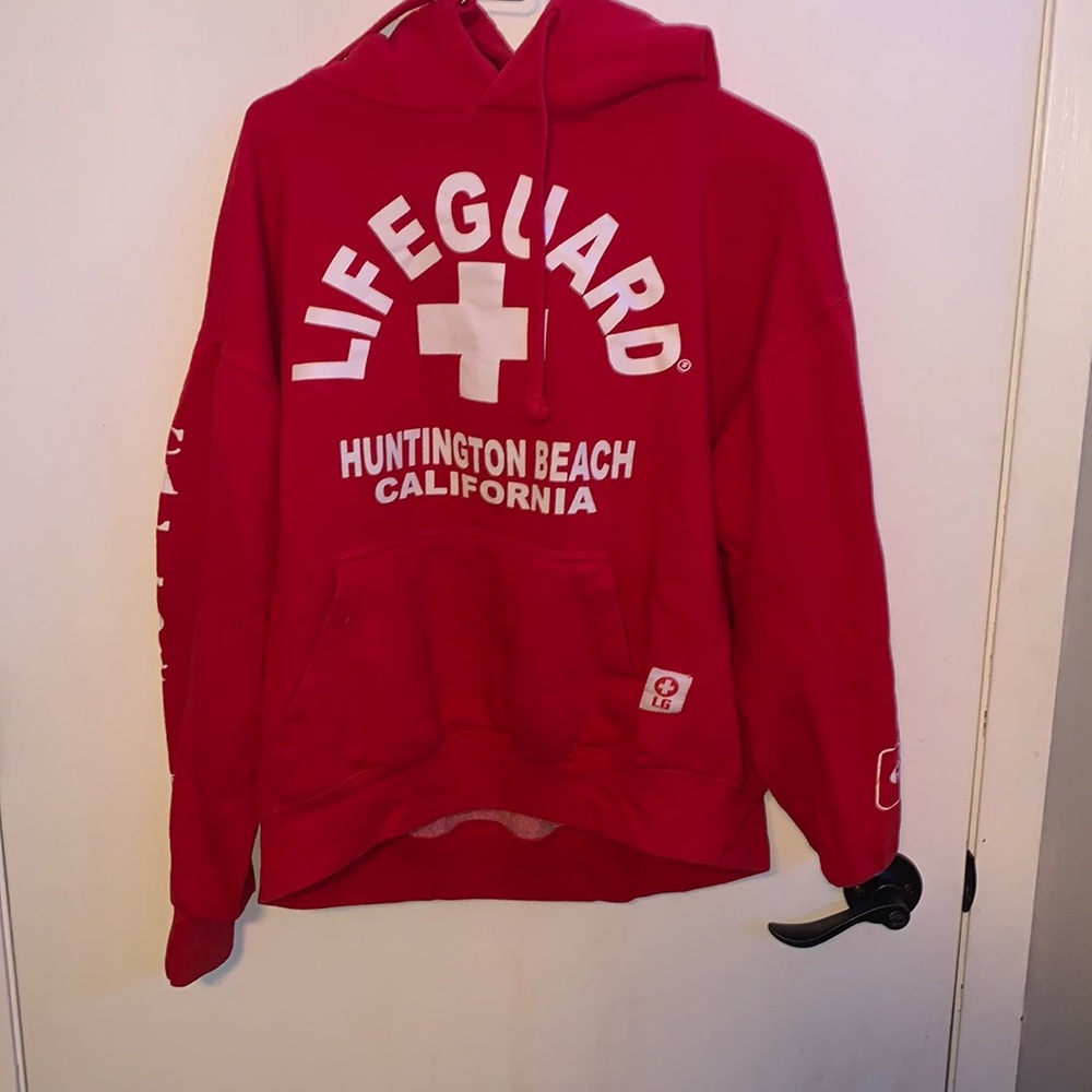 Red lifeguard hoodie, Huntington Beach. Size Large